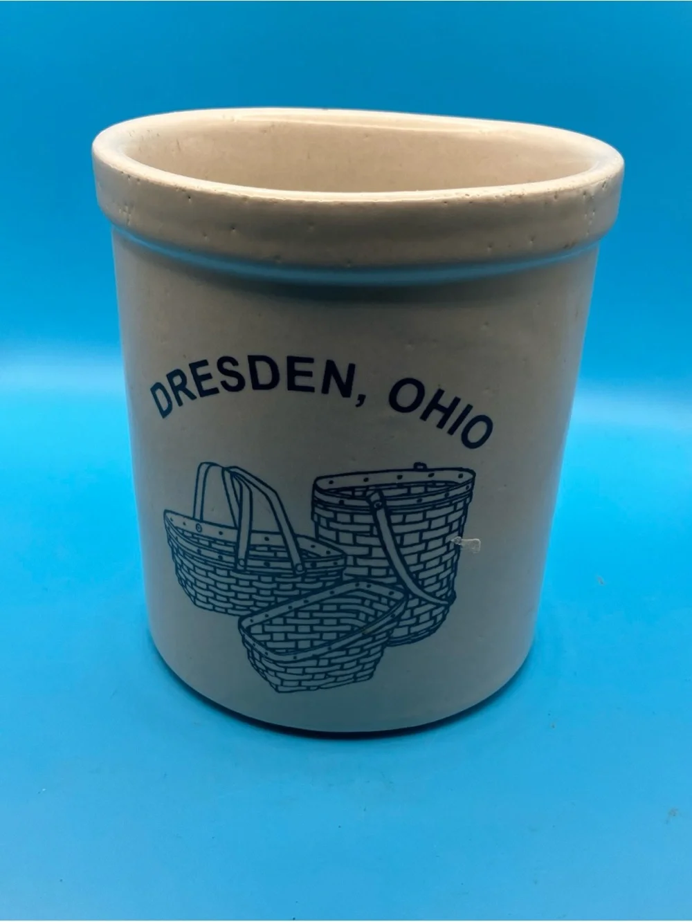 Dresden Ohio Stoneware Crock with Blue Basket Graphic